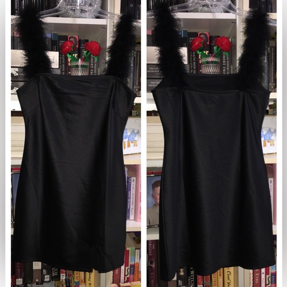 Princess Polly Black Mini Dress w Feather Faux Fur Straps - Picture 3 of 6